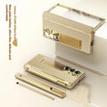 Electroplated imitation leather double hinge phone case for Samsung Z Fold with pen slot and bracket in gold