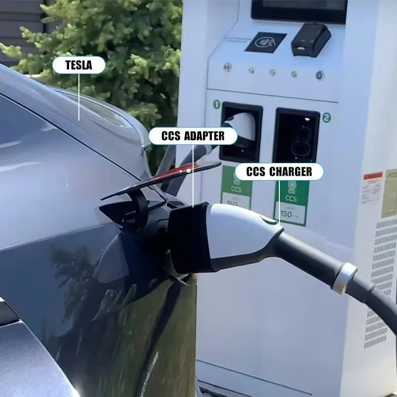 Black Tesla charging plug conversion adapter showing connector interfaces and housing