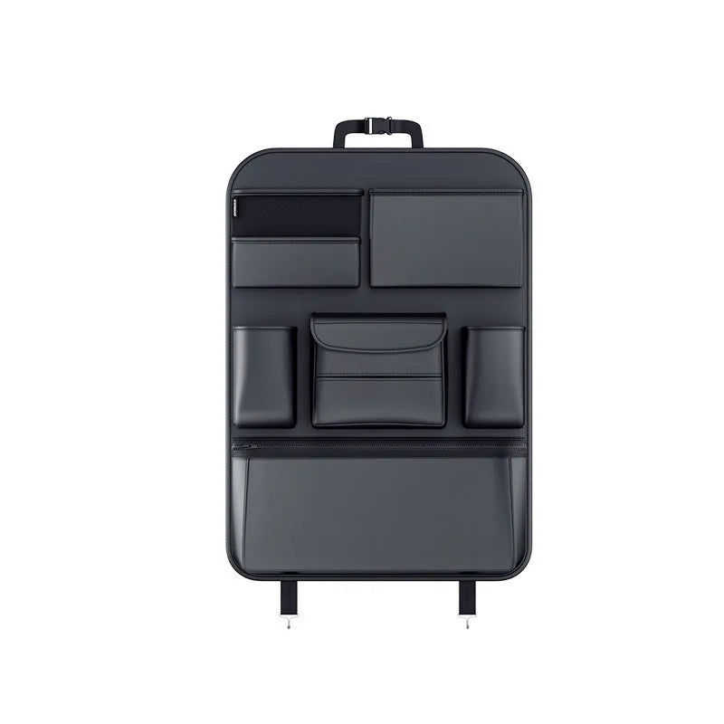 Black leather car seat back storage hanging bag with handle