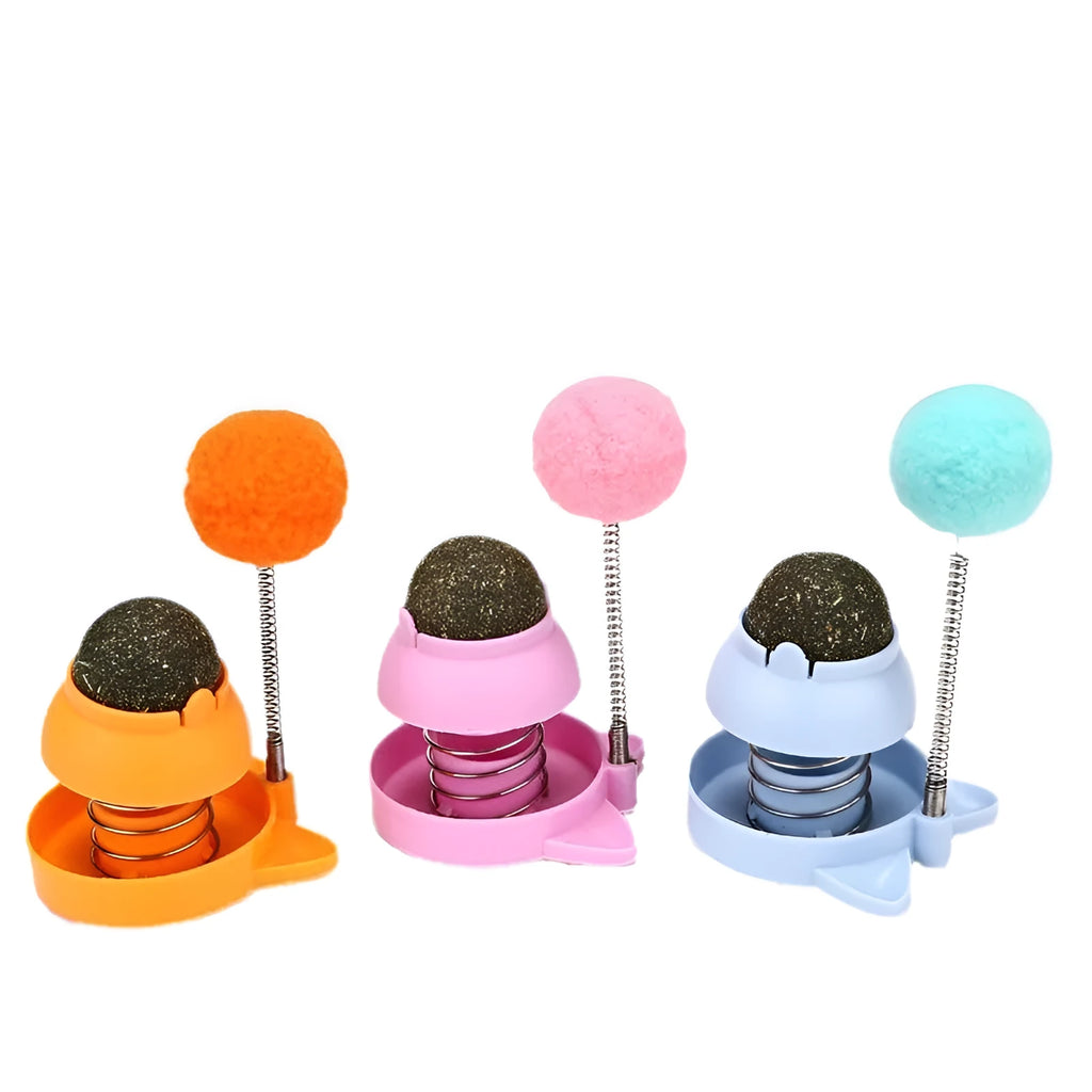 Four colourful mint ball cat toys with textured surfaces for teeth cleaning and self-hi play