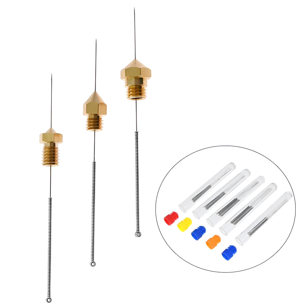 Pack of ten metal cleaning needles for unclogging MK8 and E3D 3D printer nozzles.