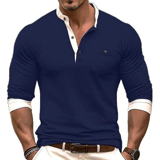 Men's long sleeve round neck cotton t-shirt in a solid colour on a hanger.