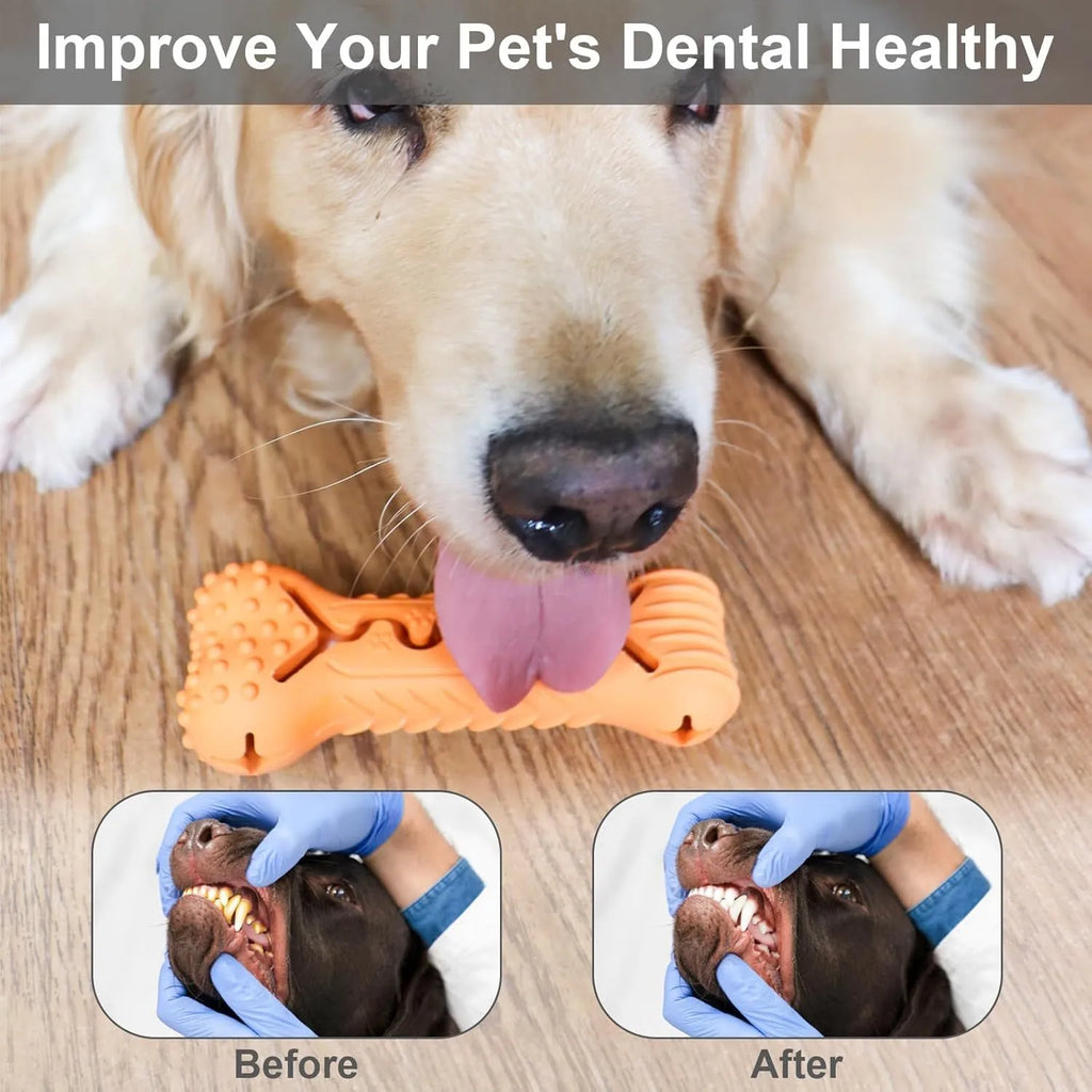 Blue bone-shaped natural rubber dog chew toy for aggressive chewers with textured surface