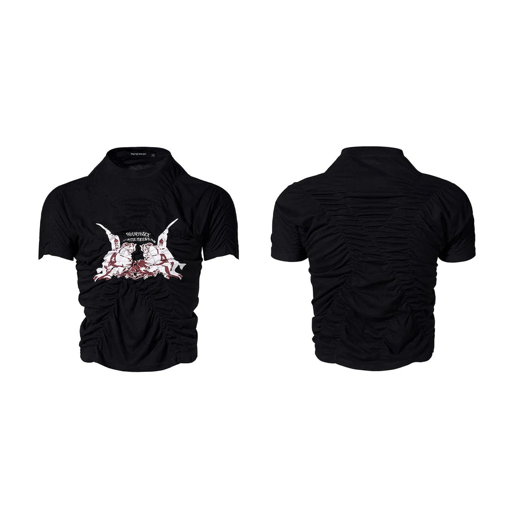 Black men's slim fit short sleeve shirt with a printed design and round neck collar.
