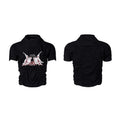 Black men's slim fit short sleeve shirt with a printed design and round neck collar.