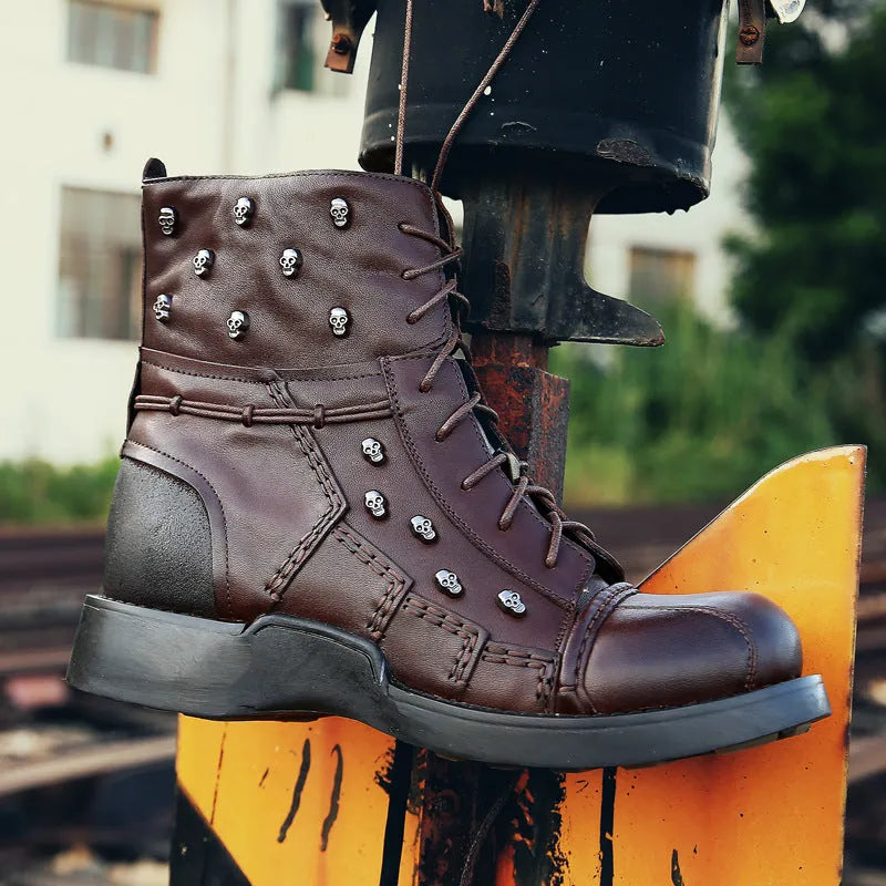 British personalized punk Martin boots for men in black first layer cowhide leather solid colour