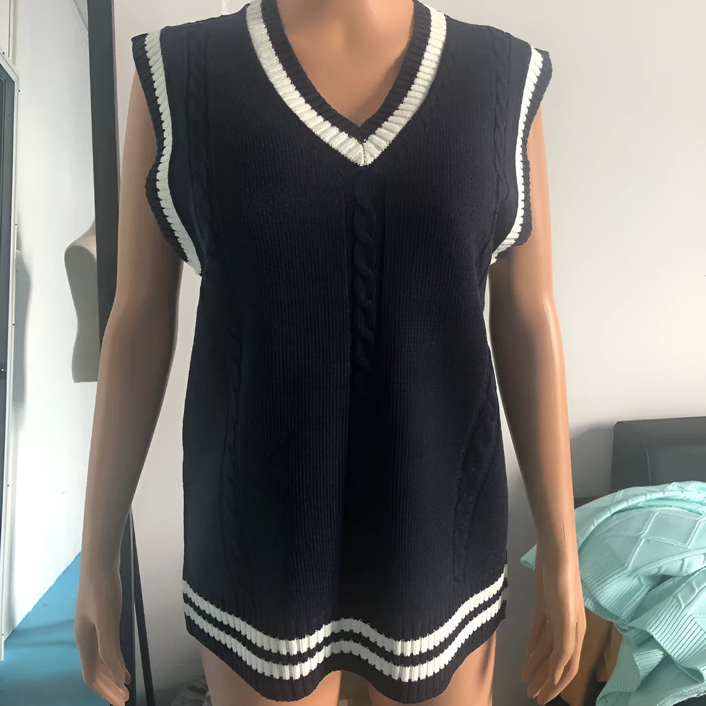 Women's slim-fit V-neck knitted waistcoat sweater with striped stitching detail in wine red colour