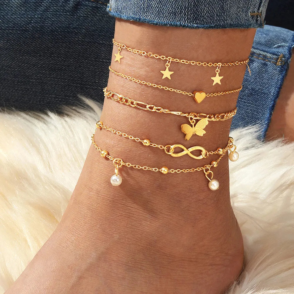 Butterfly love anklet set with four different alloy foot chains featuring heart and pearl charms