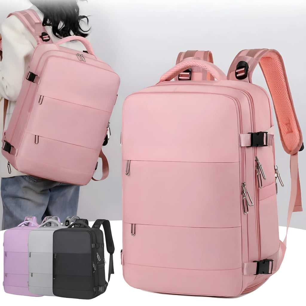 Large grey travel backpack with multiple pockets and an air pillow belt, shown open to reveal internal organisation.