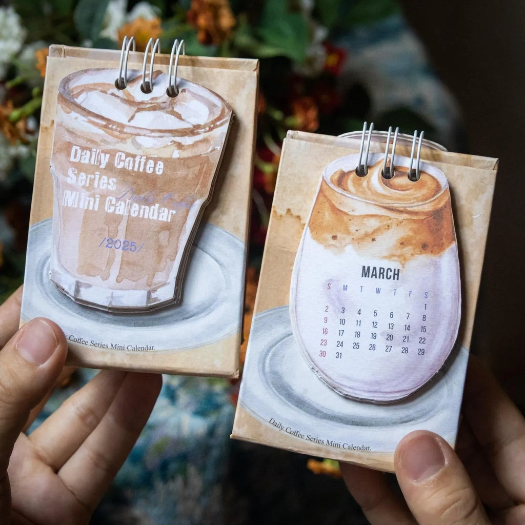 Mini 2025 desk calendar set showing four different themed designs including coffee and motivational messages.
