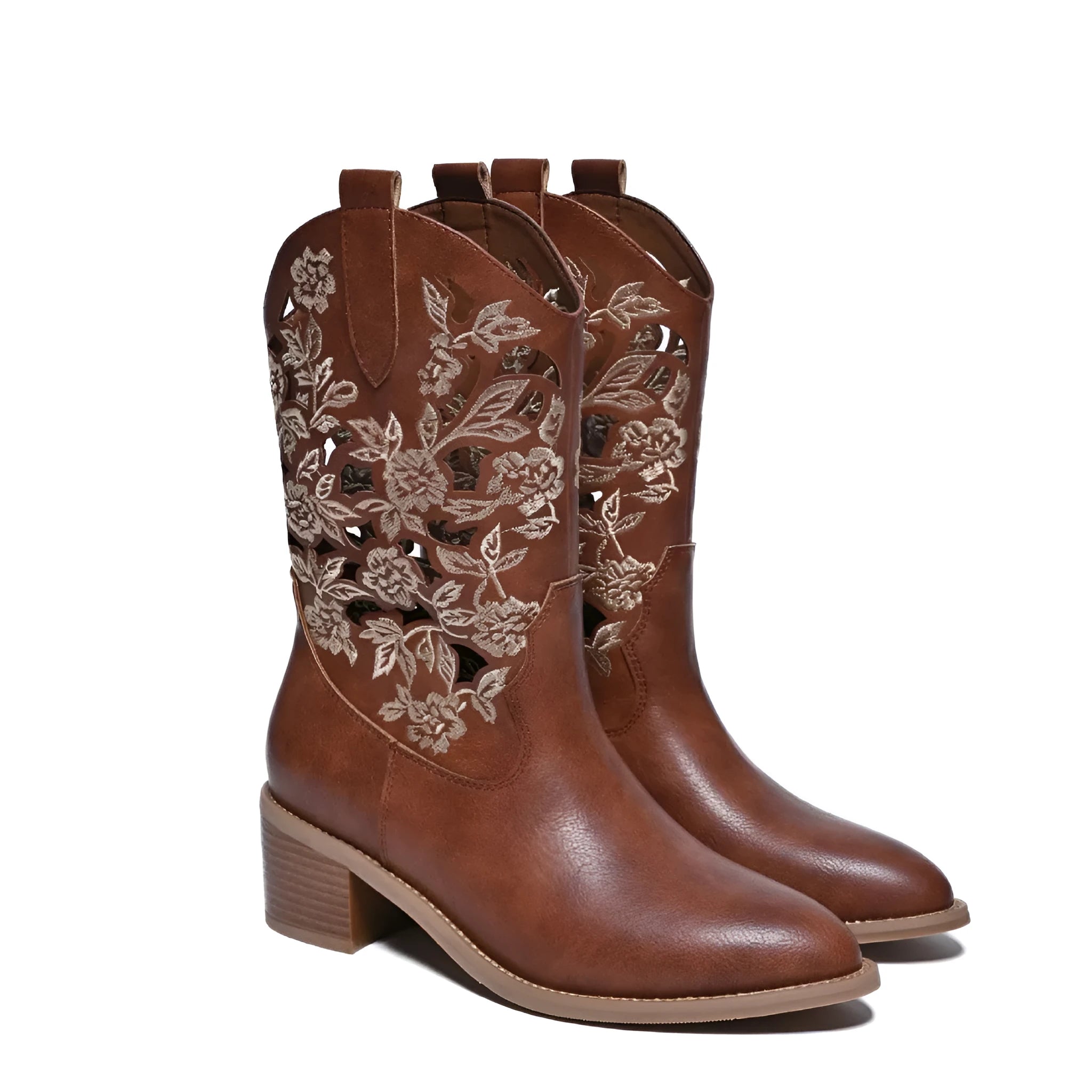 Women's brown chunky heel ankle boots pointed toe hollow-out design mid-calf leather
