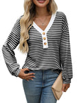 Women's V-neck button-front pullover top with patchwork design in loose-fitting street fashion style
