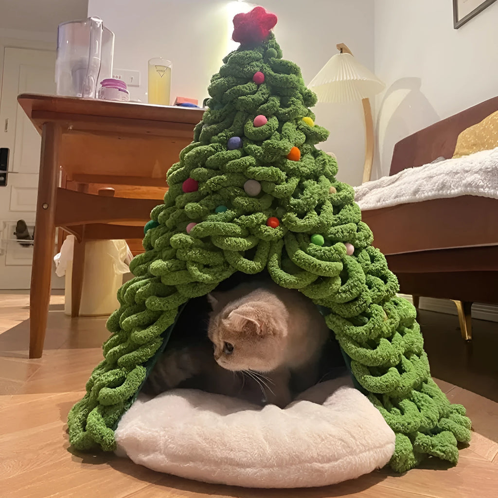 Christmas tree coarse wool woven pet nest material pack for handmade cat nest with base fabric, stars, and cushion options