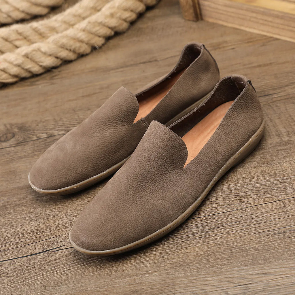 Handmade men's shoes in khaki or grey with cowhide upper, rubber sole, and wedge heel design