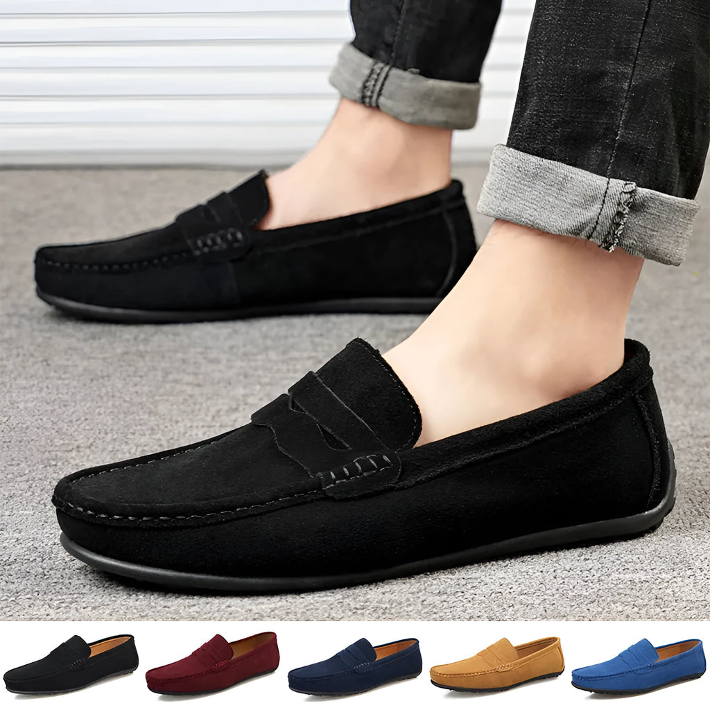 Men's suede-finished cowhide loafers in solid colours with rubber sole and round toe