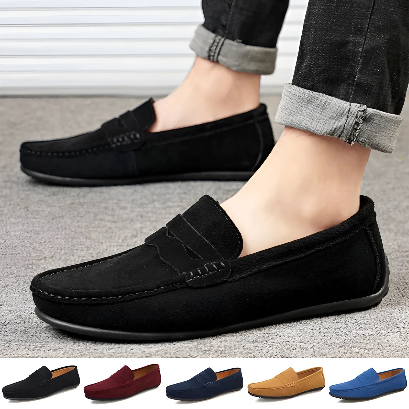 Men's suede-finished cowhide loafers in solid colours with rubber sole and round toe