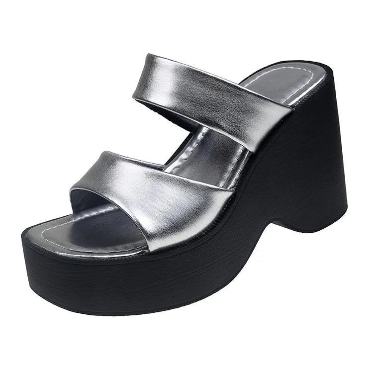 Women's black wedge platform high heel slippers with a square toe design
