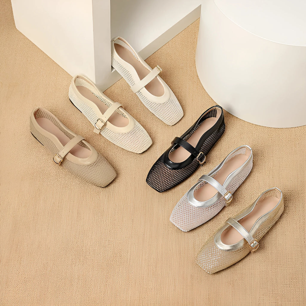 Women's beige mesh summer shoes with buckle fastening and flat square toe