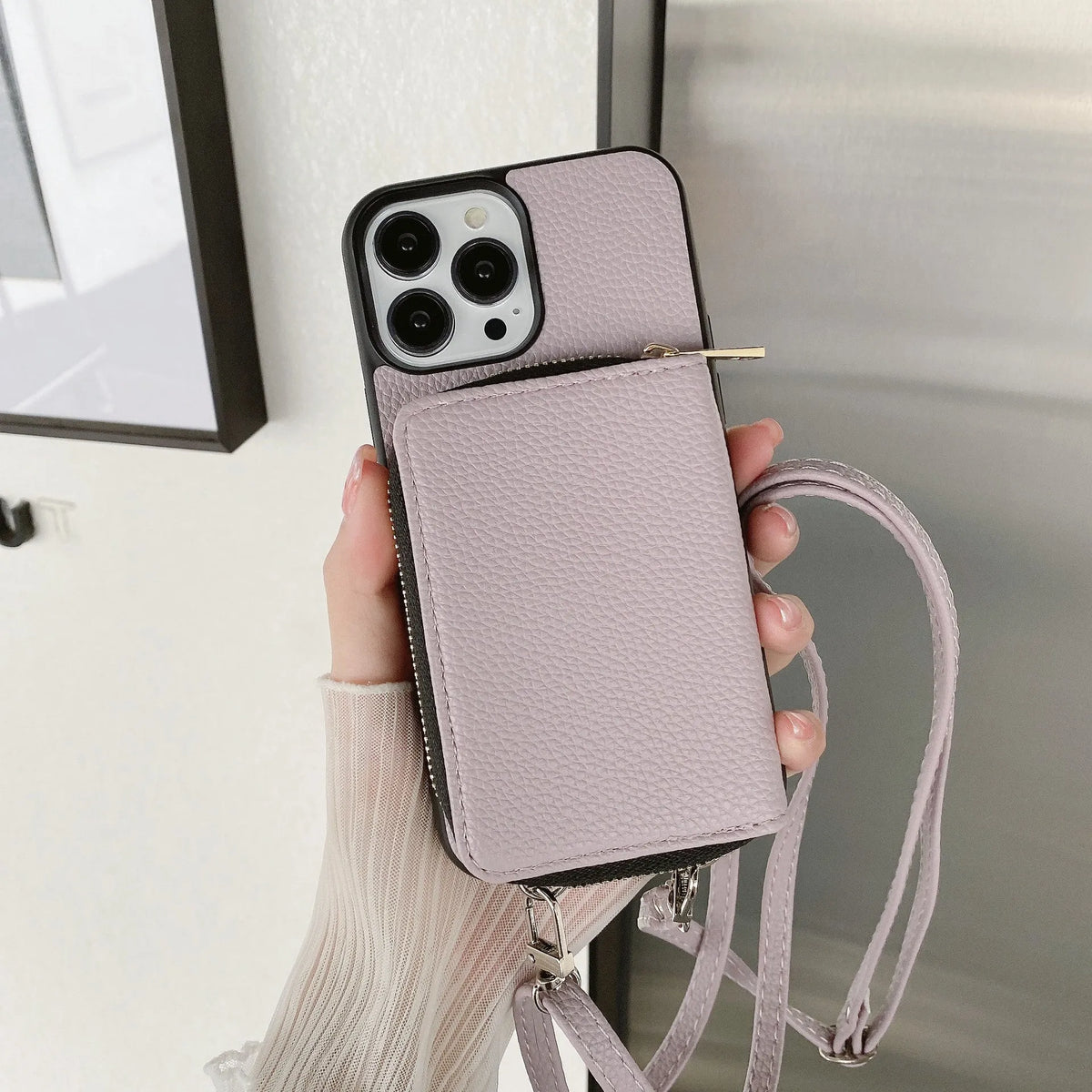 Litchi pattern textured protective case for iPhone on a table, shown in a selection of available colours.