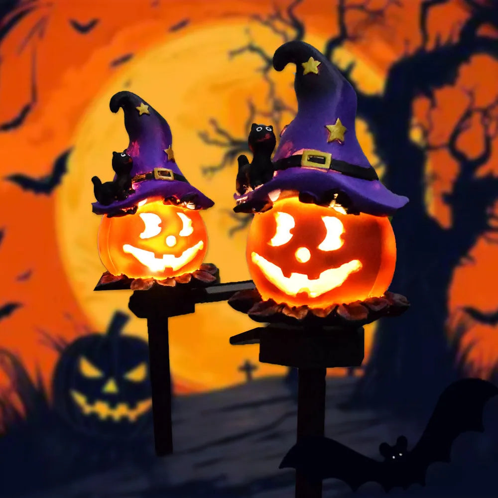 Solar Halloween pumpkin lantern ground stake light with resin pumpkin head and wrought iron stake for outdoor garden decoration
