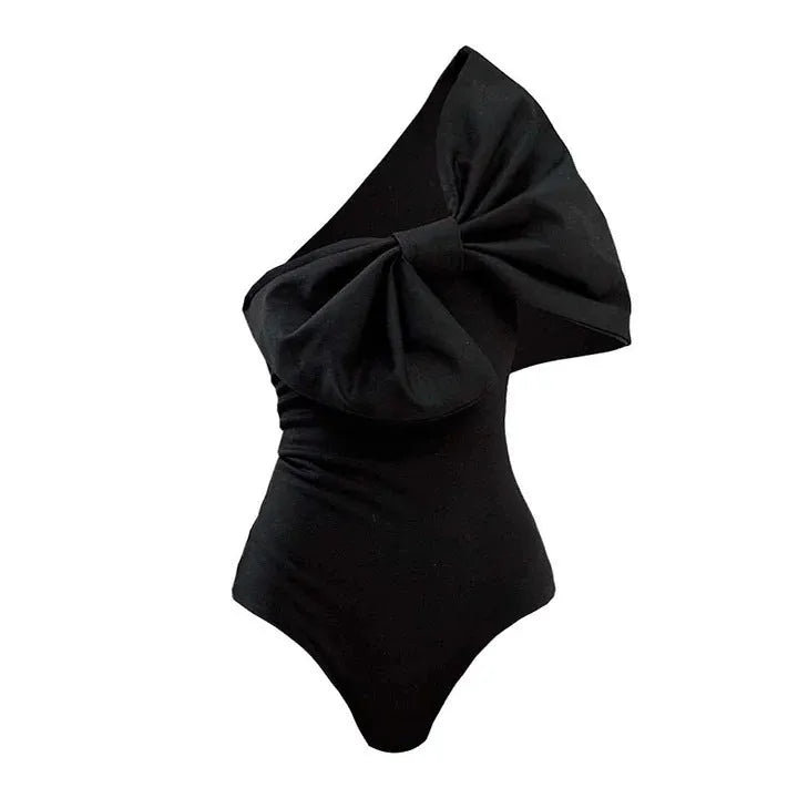 Black and white solid colour tube top bow one-piece swimsuit with high elasticity and optional wrap skirt for women