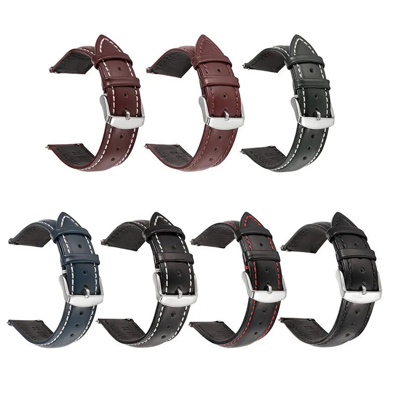 Bright cowhide quick release watch strap showing colour and width options