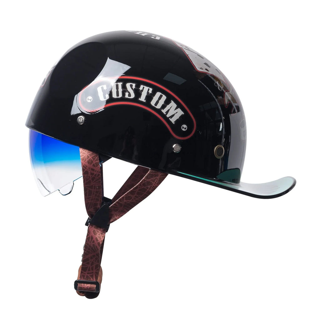 Mens retro half helmet for electric bicycles in bright black gradient blue colour with blue lens