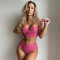 Two-piece high-waist bikini swimsuit with plaid detail and adjustable straps in rose red colour