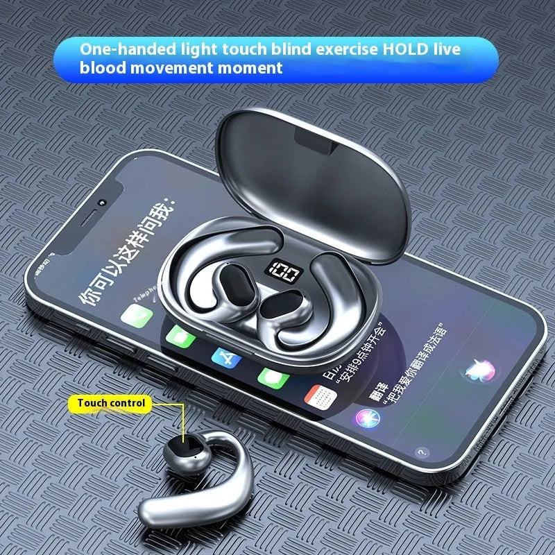 Black and white ear-mounted Bluetooth headset with a digital display screen on the side.