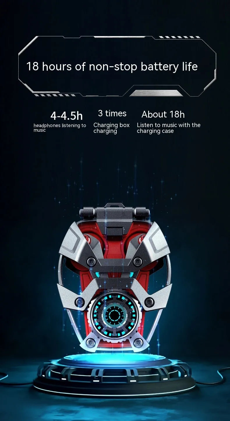 Mecha Wind true wireless Bluetooth headset in orange or red with zinc alloy half in-ear earbuds and 300mAh charging compartment.