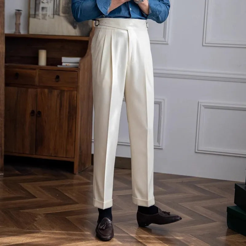 Men's high waist straight leg casual trousers in black, shown on a model.