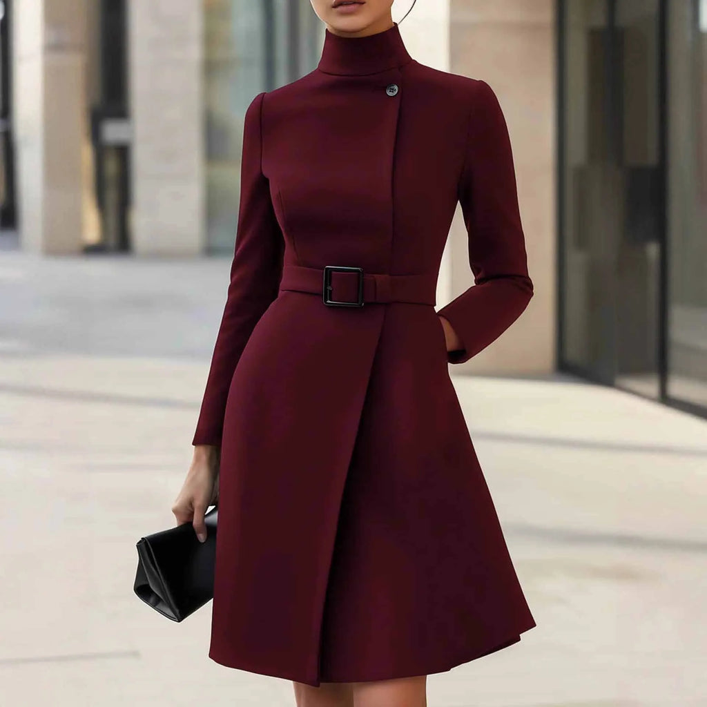 Women's black bohemian dress with high waist, long sleeves, and a stand collar