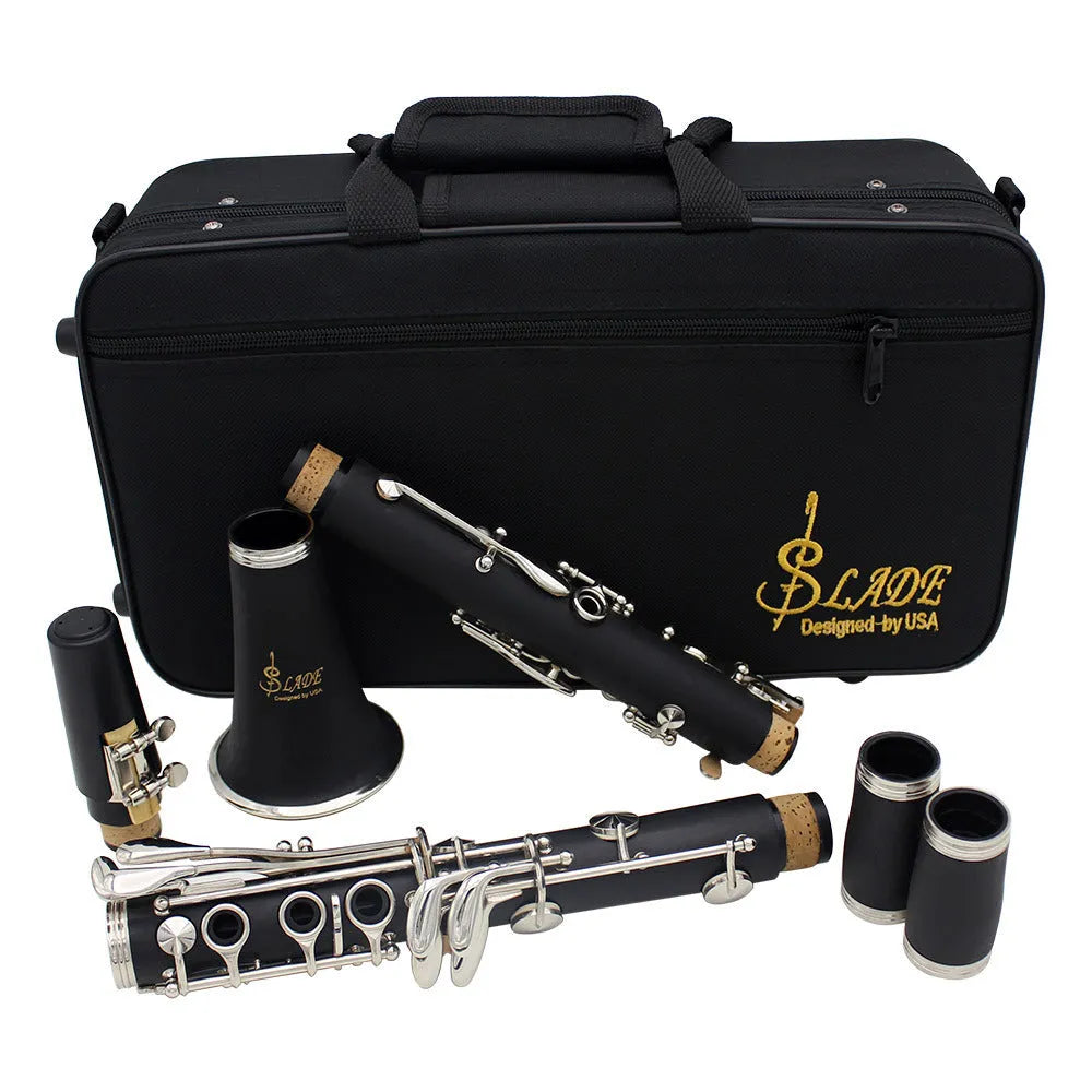 Black Bakelite beginner clarinet with 17 nickel keys and a carry bag.
