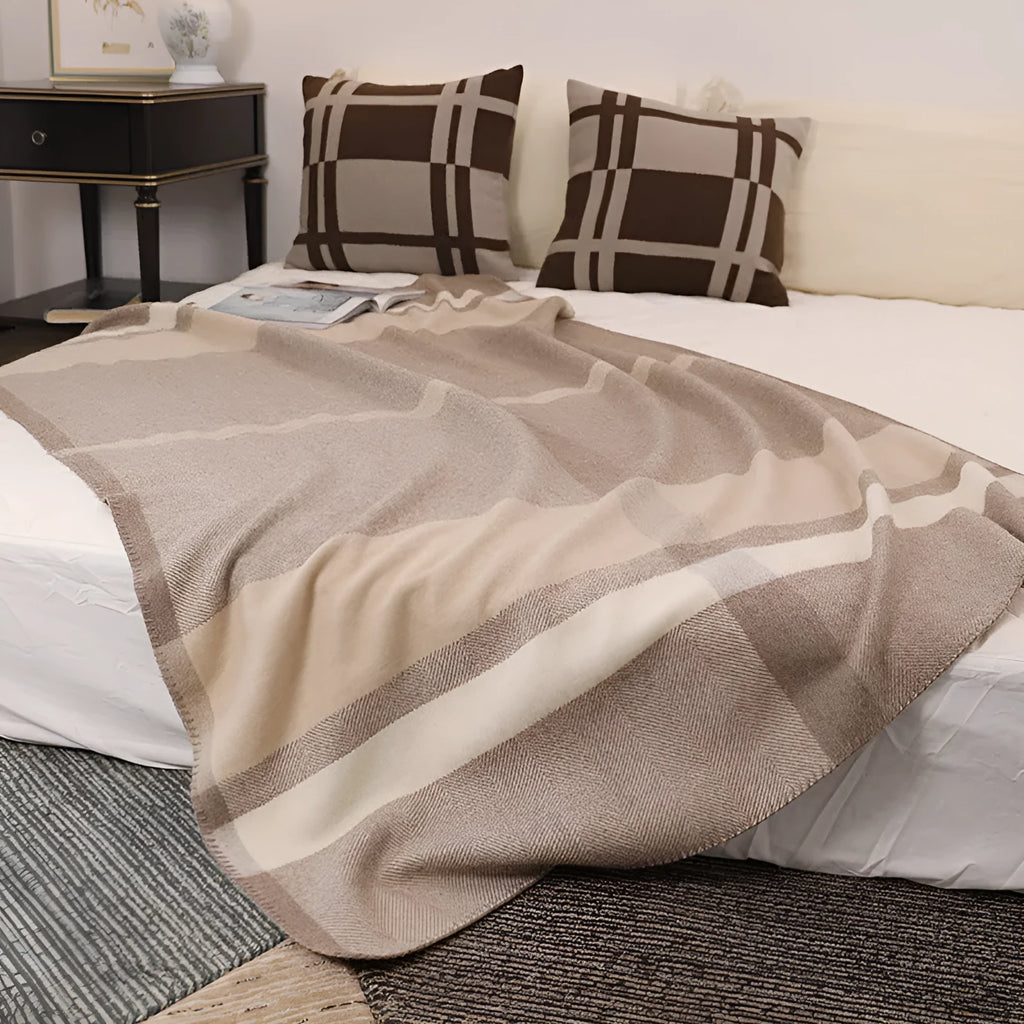 Wool jacquard twill striped camping rug blanket in Carbon Black without belt, modern simplicity style