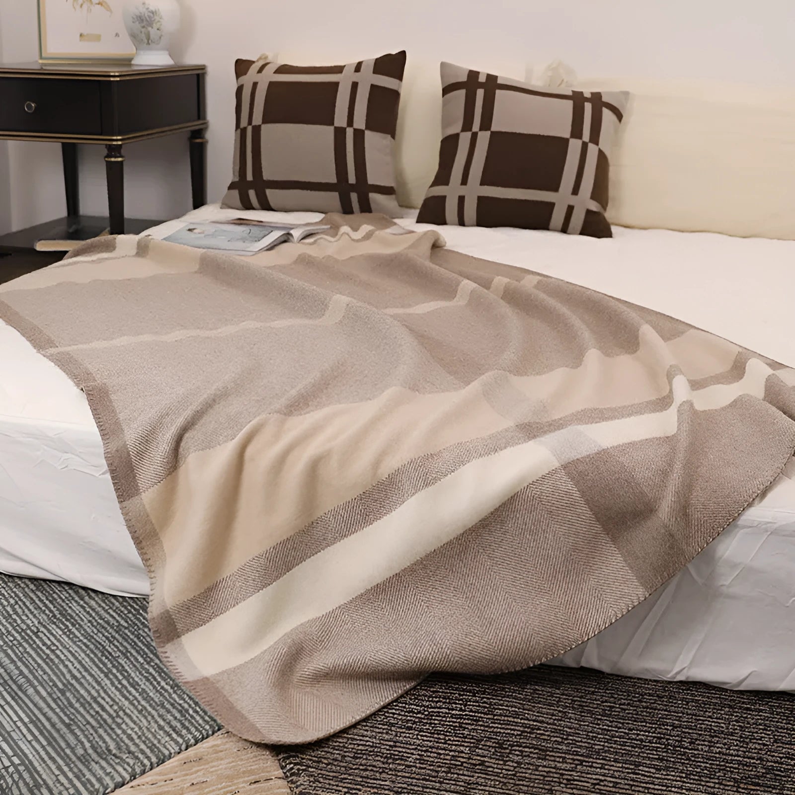 Wool jacquard twill striped camping rug blanket in Carbon Black without belt, modern simplicity style
