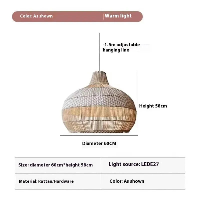 Silent Wind style rattan chandelier with a 60cm diameter, showing pastoral Southeast Asian design.