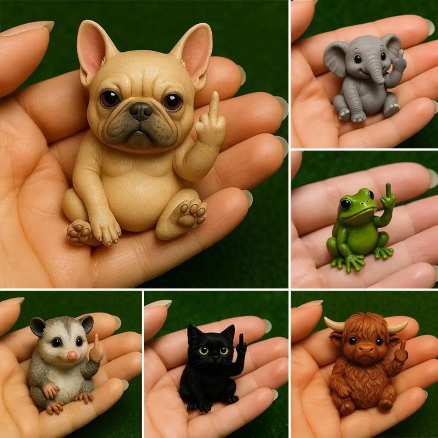 Mini animal-shaped vertical middle finger doll resin ornament on a desk