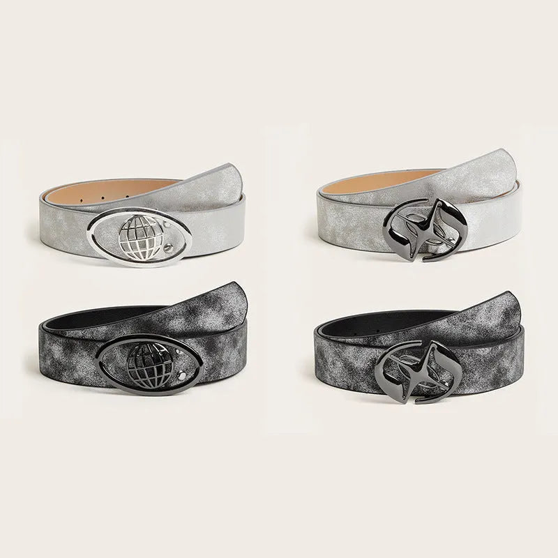 Retro thick women's belt with oval buckle in earth grey white colour