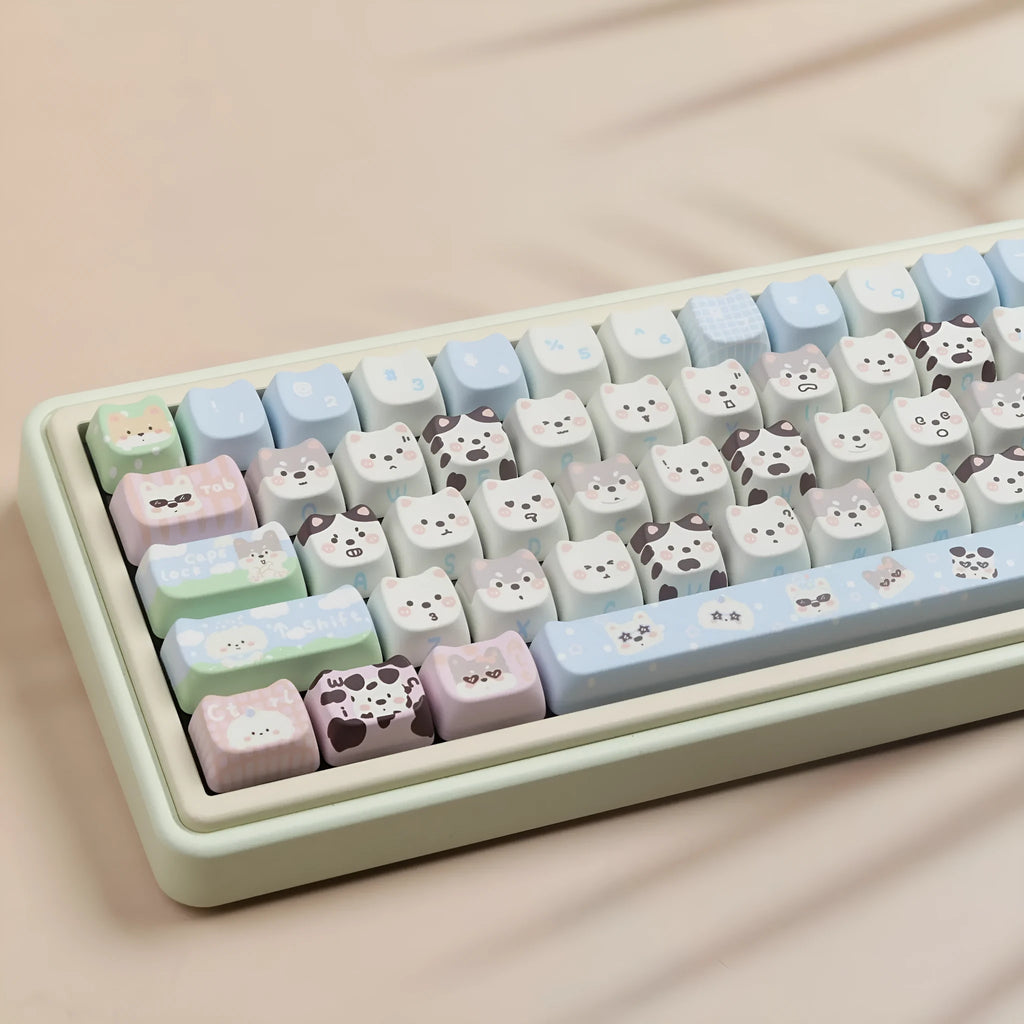 Full set of mechanical keyboard keycaps with detailed cat and puppy sublimation artwork on durable PBT plastic