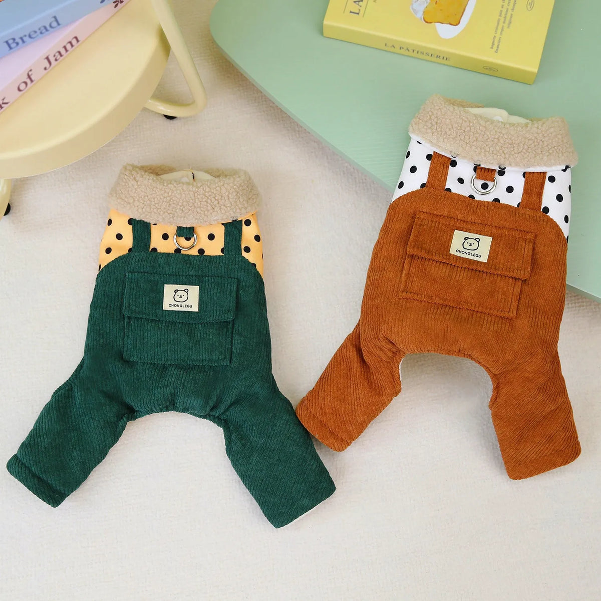 Thickened four-legged cotton pet clothes for small dogs in dark green colour
