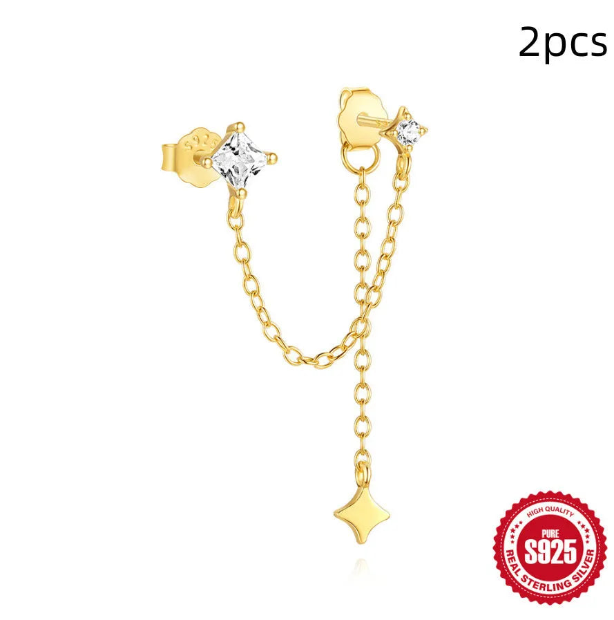 Golden geometric sterling silver double ear piercing chain stud earrings with zircon inlay