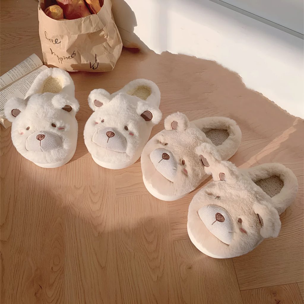 Ladies' plush slippers with suede upper, cartoon pattern, and round-toe design in milky white colour