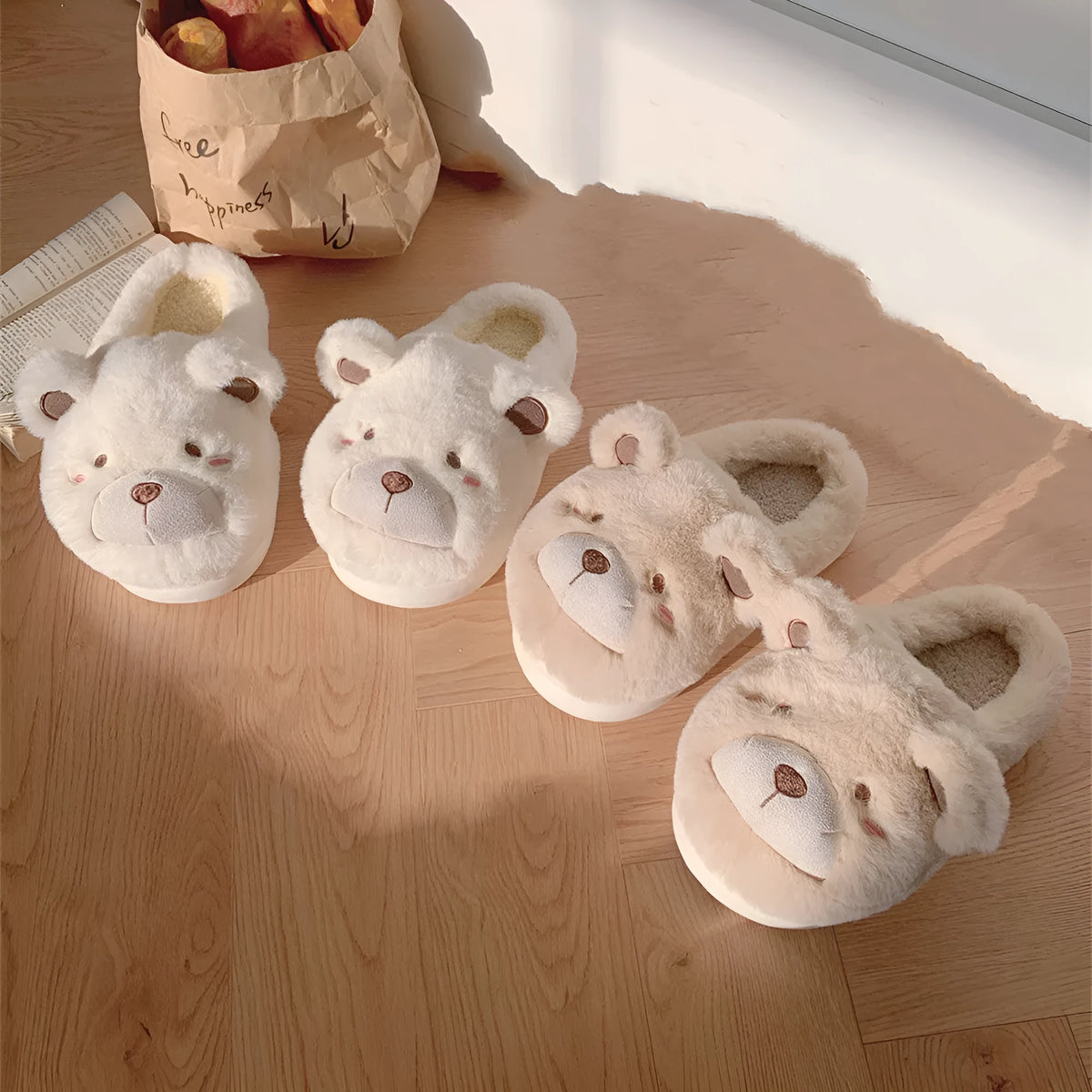 Ladies' plush slippers with suede upper, cartoon pattern, and round-toe design in milky white colour