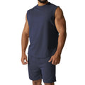 Men's sleeveless cotton blend sports suit with matching shorts in a solid colour.