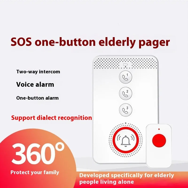 White elderly emergency alert device with central buzzer unit and three wireless emergency buttons for home safety.