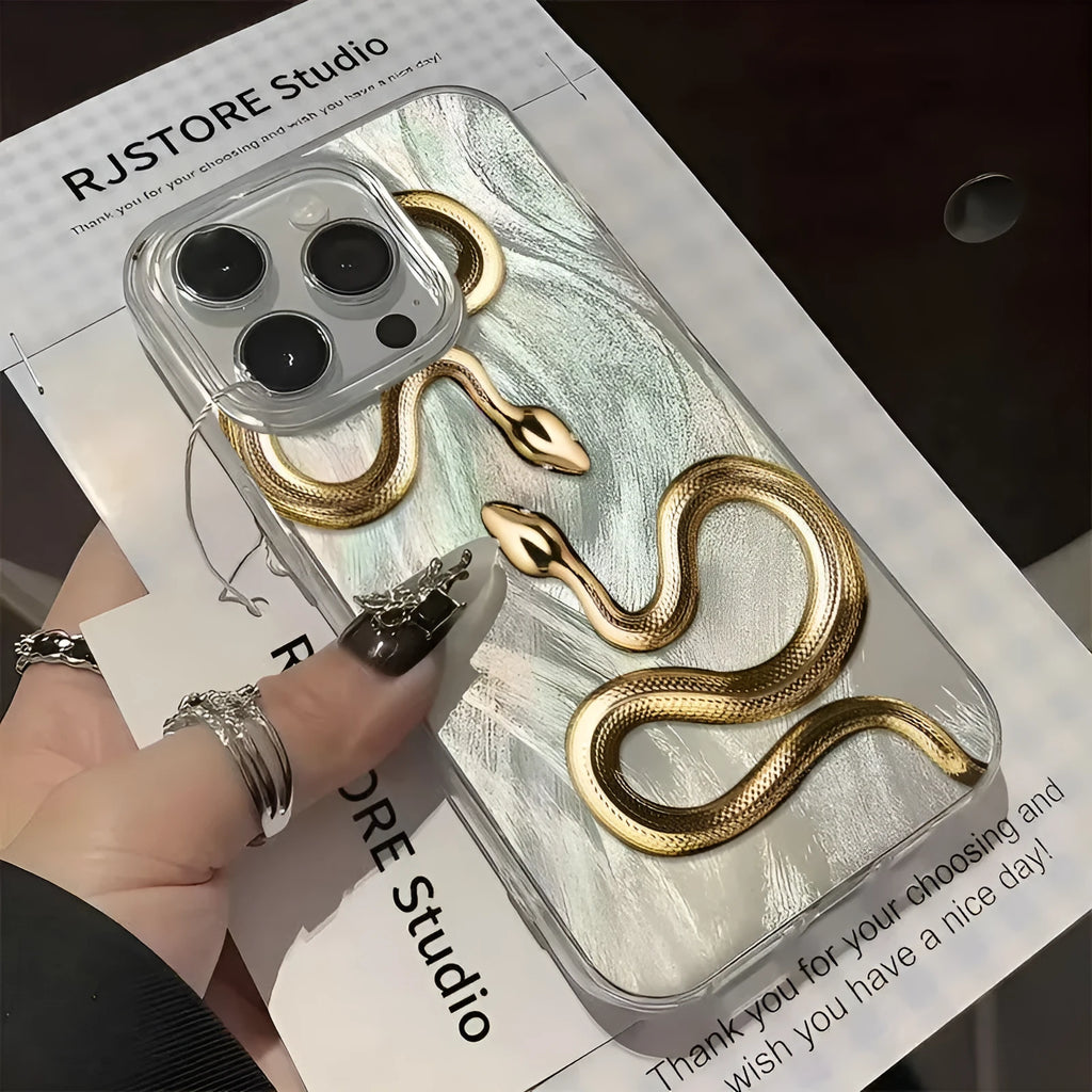Gold snake hard PC phone case for iPhone 16 Plus with cartoon design and random back texture