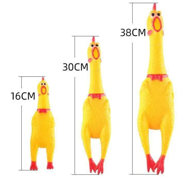 Yellow rubber screaming chicken dog squeak toy shown in small, medium, and large sizes.