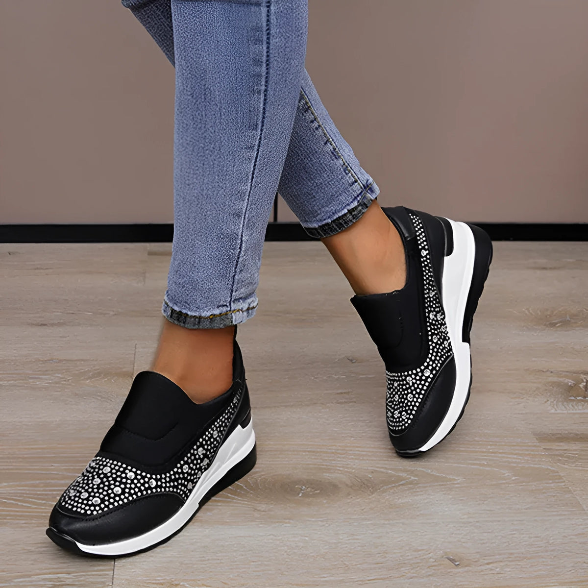 Rhinestone wedge flats for women with inner height increase, round toe, PU upper, black colour, side view