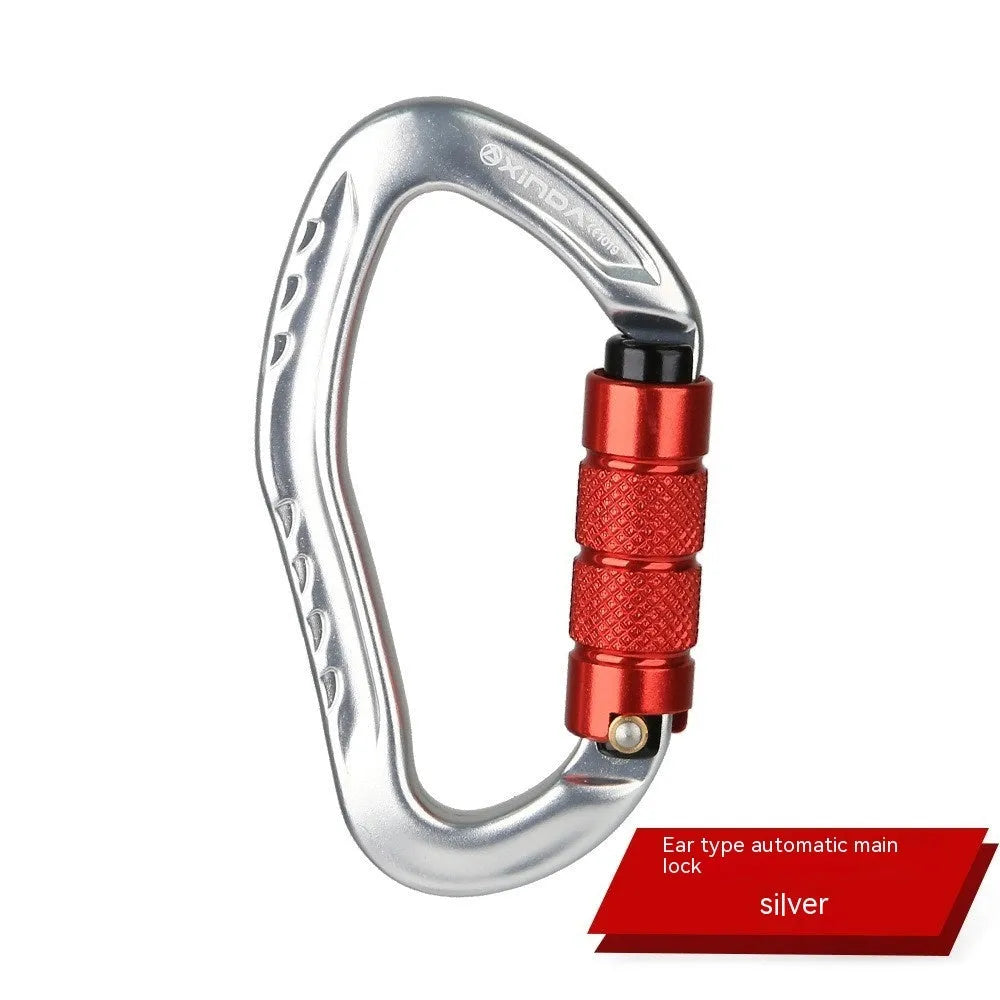 Automatic locking climbing carabiner in silver finish with hook gate