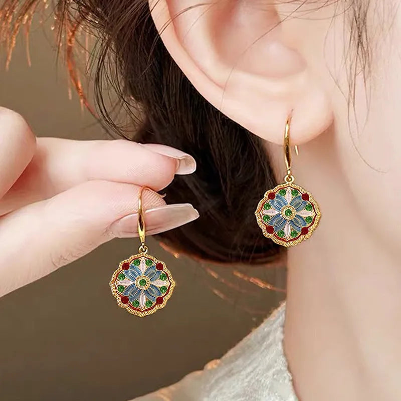 Oil painting earrings for women, New Chinese style, ZC916 Golden Yellow, electroplated alloy, one pair.